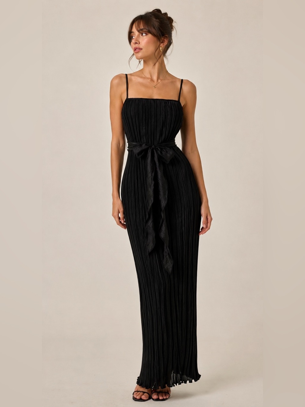 Vintage 80s 90s Jeanne Marc Black Plisse Pleated Maxi Dress Sash XS 4/6 USA
